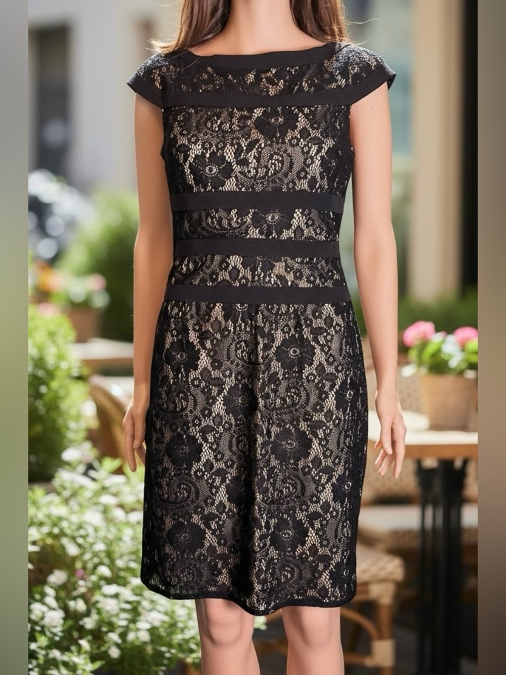 Adrianna Papell Black Lace Sheath Dress Nude Lining Size 4